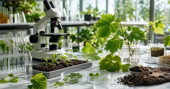 Spatiu de lucru pentru cercetare agricola cu plante si microscop