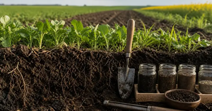 Profil de sol fertil cu radacini si probe agricole